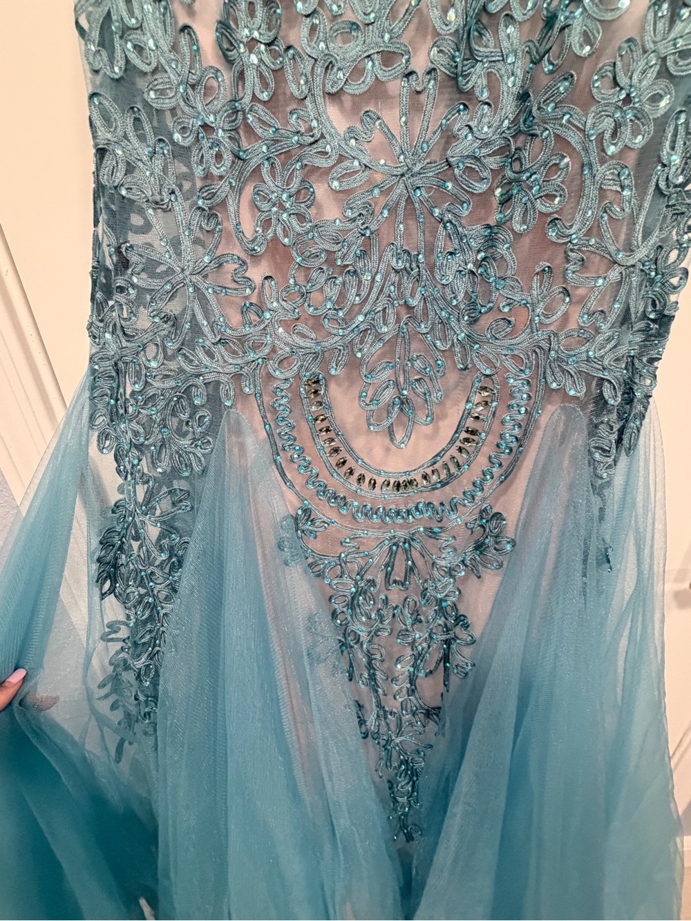 Aqua Beaded Teal Mermaid Dress - Picture 3 of 6
